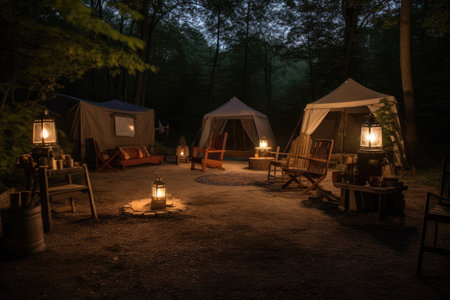 outdoorsy campsite with lanterns and chairs for comfortable seating, created with generative aiの素材