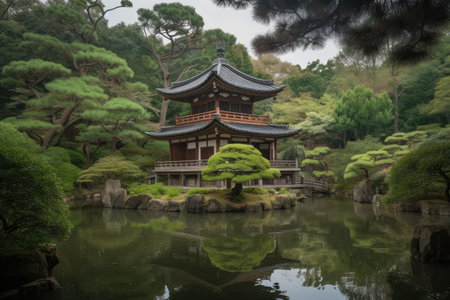 serene pond with reflection of japanese pagoda surrounded by nature, created with generative aiの素材