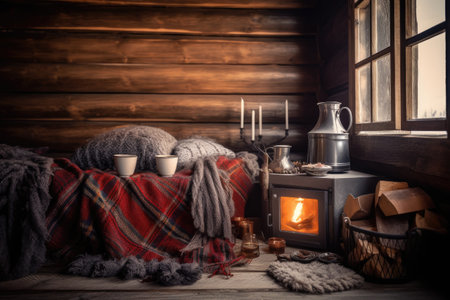 cozy cabin with fireplace, warm blankets and hot mug of tea, created with generative aiの素材