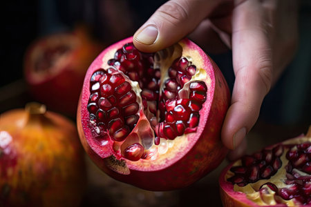 pomegranate being cut open to reveal its juicy, seed-filled center, created with generative aiの素材
