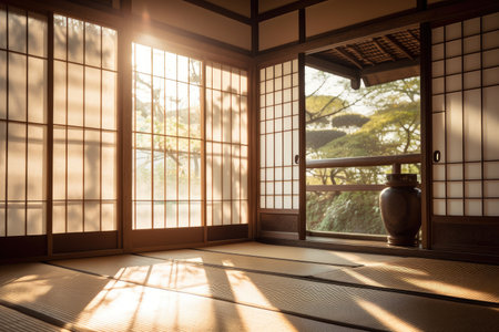 transparent shoji screen on a sunny day, bringing natural light into the room, created with generative aiの素材