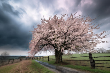 cherry blossom tree against a stormy sky, created with generative aiの素材