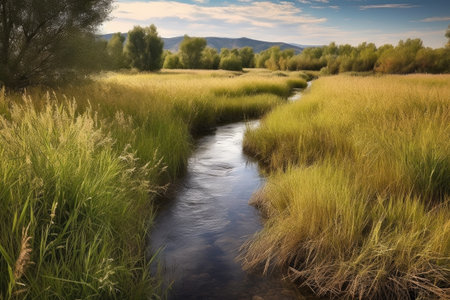 peaceful meadow of tall grasses with a trickling stream in the background, created with generative aiの素材