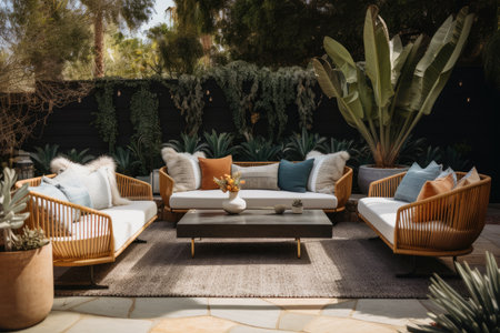 an outdoor lounge area with plush seating and cozy throws, surrounded by greenery, created with generative aiの素材