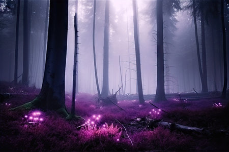 dark purple forest with mysterious fog and glowing lights, created with generative aiの素材