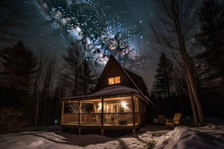 cozy cabin retreat with fireplace and view of the stars, surrounded by tall trees, created with generative aiの素材
