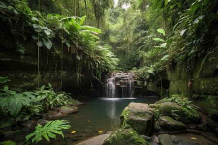 jungle waterfall cascading over rocks and into pool below, created with generative aiの素材