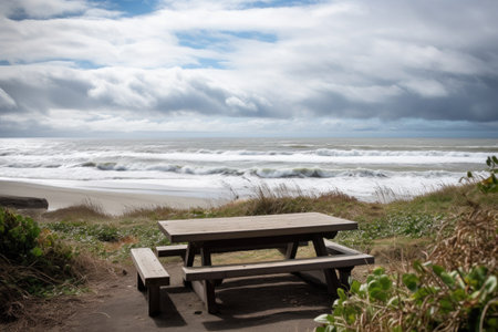 picnic table with a view of the beach, waves crashing in the distance, created with generative aiの素材