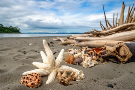 pile of shells, starfish, and driftwood on deserted beach, created with generative aiの素材