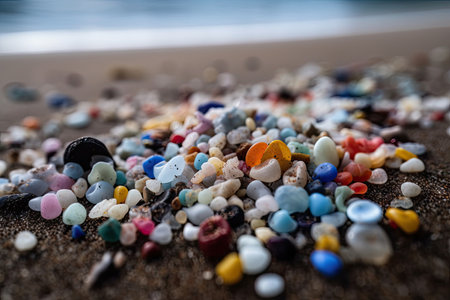 microplastic waste on a beach, washed up from the sea, created with generative aiの素材