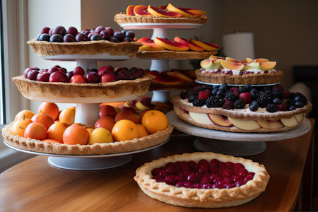stack of fruit pies and tarts, ready to be enjoyed by friends and family, created with generative aiの素材