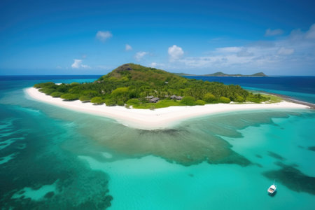 exotic island, surrounded by crystal-clear waters and white sandy beaches, created with generative aiの素材
