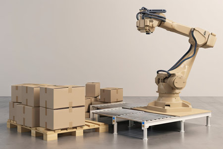 palletizer robot with pallet of boxes and barcode scanner, ready to move goods, created with generative aiの素材