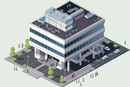 isometric view of modern office building, with people and technology moving about, created with generative aiの素材
