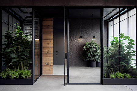 with rows of plants and greenery, adding a touch of nature to an otherwise industrial or modern office entrance, created with generative aiの素材