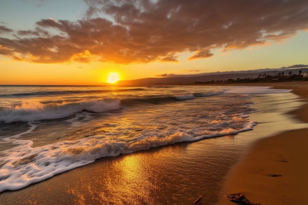 golden beach, with view of the sunset and waves rolling into shore, created with generative aiの素材