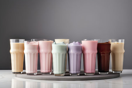 stack of cups, each holding different milkshake flavor, created with generative aiの素材