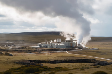 geothermal power plant, with geothermal steam shooting into the air, created with generative aiの素材