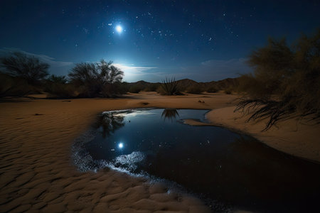 nighttime stars and moon reflected in the desert sand, created with generative aiの素材