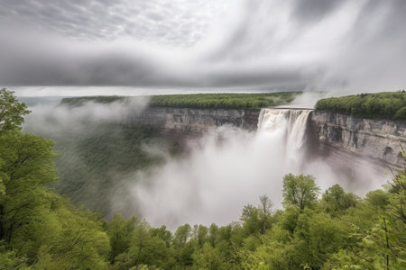 dramatic waterfall scene with cloud in the sky and mist in the air, created with generative aiの素材