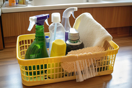 a basket of cleaning products and tools, ready for a thorough cleaning, created with generative aiの素材