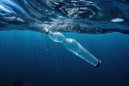 plastic bottle, broken into pieces and floating in the ocean, created with generative aiの素材
