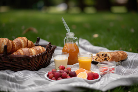 breakfast in the park, with juice and pastries, for a healthy start to the day, created with generative aiの素材