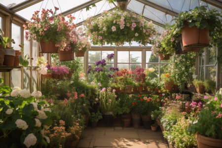 greenhouse with hanging baskets of flowers and herbs, created with generative aiの素材