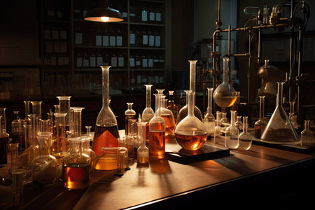 laboratory, with beakers and flasks in various sizes, being used for experiments, created with generative aiの素材