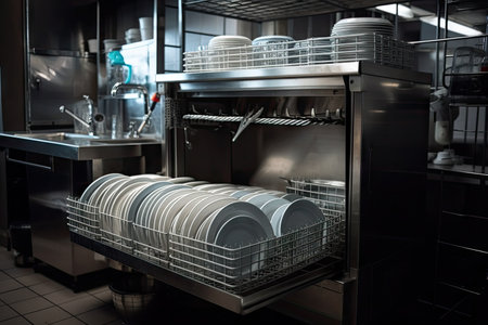 industrial dishwasher with dishes and utensils ready for use, created with generative aiの素材