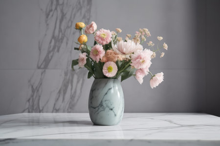 pastel flower arrangement in sleek vase on marble surface, created with generative aiの素材