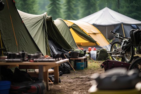 macro shot of a campsite setup with the tents and gear in the background, created with generative aiの素材