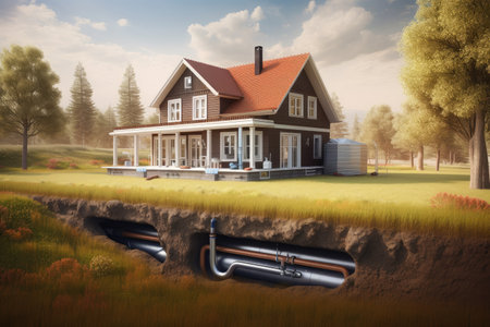 geothermal heat pump, transferring thermal energy from the ground into a house, created with generative aiの素材