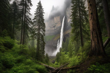 majestic waterfall surrounded by towering trees and misty clouds, created with generative aiの素材
