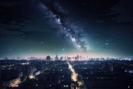 galactic city, with view of the night sky and stars shining brightly, created with generative aiの素材