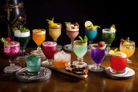 collection of colorful cocktails, each with its own unique garnishes and presentation, created with generative aiの素材