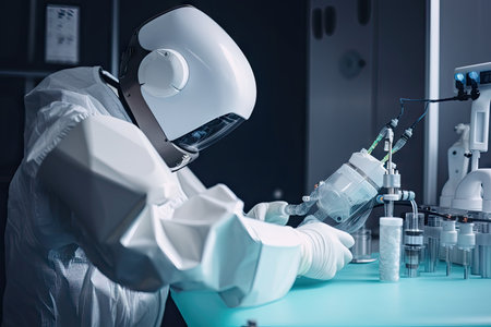 robot doctor adjusting iv drip and preparing medications for patient, created with generative aiの素材