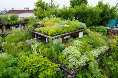 green rooftop garden, complete with flowers and greenery, created with generative aiの素材