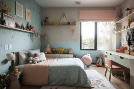 childrens bedroom, with playful designs and whimsical accents, created with generative aiの素材