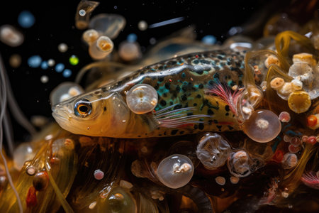 microplastics in a fishs stomach, with digestive juices visible, created with generative aiの素材