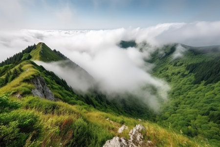 majestic mountain landscape with rolling fog and clouds, created with generative aiの素材