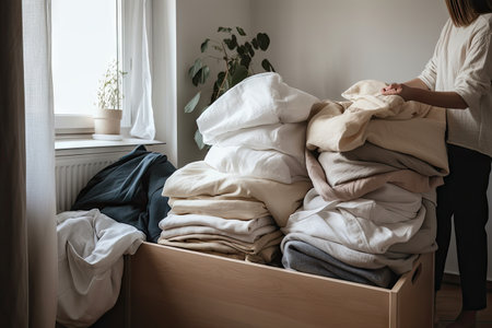 person, grabbing freshly laundered linens for their bed and getting ready for a good nights sleep, created with generative aiの素材