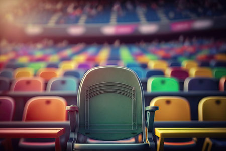 close-up of single empty seat on the grandstand, with view of the crowd and colorful stadium in the background, created with generative aiの素材