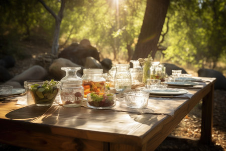 picnic table set with dishes, silverware, and glasses in a beautiful natural setting, created with generative aiの素材
