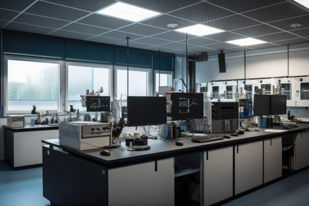 high-tech laboratory, with iot sensors and monitoring equipment used for edge research, created with generative aiの素材