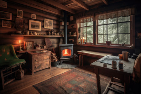 cozy cabin retreat with fire place, books, and hot cup of tea, created with generative aiの素材