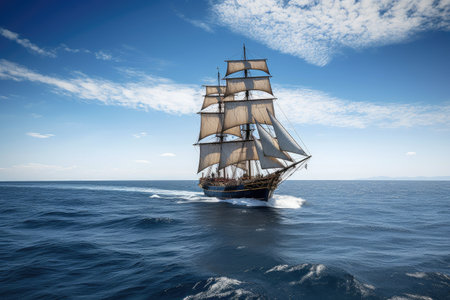 sailing vessel in full sail on sparkling blue water, created with generative aiの素材