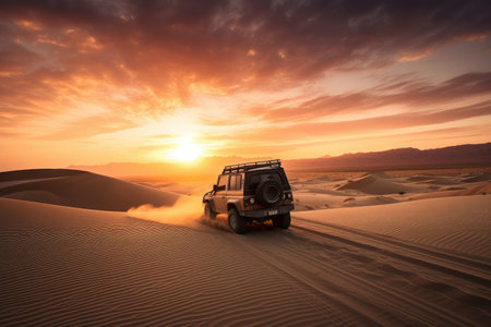 off-roader driving through a desert, with sand dunes and stunning sunset in the background, created with generative aiの素材