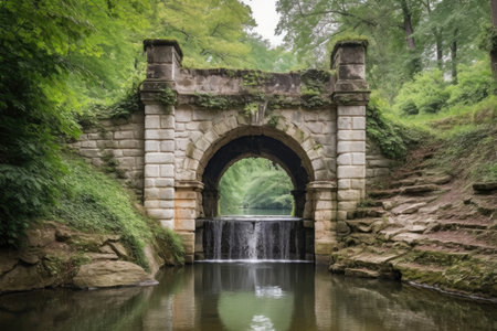 classic stone archway over a serene waterfall, created with generative aiの素材