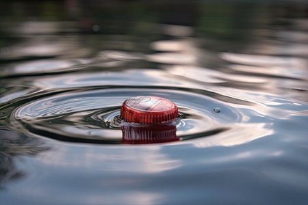 close-up of a plastic bottle cap floating on the water, created with generative aiの素材